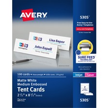 Kazan Hobi Avery Emin Besleme Teknolojisine Sahip Yazdırılabilir Çadır Kartları, 2,5 "x 8,5", Kabartmalı Kenarlıklı Beyaz, Lazer Veya Mürekkep Püskürtmeli Yazıcılar Için 100 Boş Yer Kartı (05305)