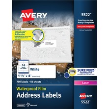 Kazan Hobi Avery Ultrahold Kalıcı Yapışkanlı Su Geçirmez Etiketler, 1-1/3" x 4", Lazer Yazıcılar Için 700 Etiket (5522)