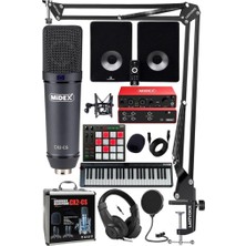 Kazan Hobi Midex Impressive Paket-6 Stüdyo Ekipmanları Seti (Monitör Mikrofon Ses Kartı Kulaklık Midi Klavye Pad Controller)