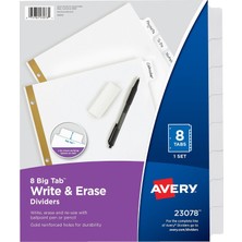 Kazan Hobi Avery Big Tab Ayırıcı, 8 Sekme, Yazılabilir Silinebilir, Beyaz, 48'li Set