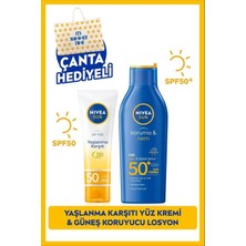 Kazan Hobi Nıvea Sun Güneş Koruyucu Vücut Losyonu 200ML ve Q10 Yaşlanma Karşıtı Yüz Kremi 50ML, SPF50, Çanta Hediye