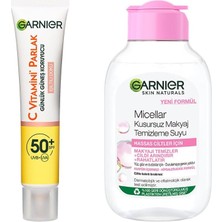 Kazan Hobi Garnier C Vitamini Parlak Günlük Uv Korumalı Güneş Yüz Kremi SPF50 Işıltılı Doku 40ML & Micellar Kusursuz Makyaj Temizleme Suyu (100 Ml) Cilt Bakım Seti