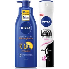 Kazan Hobi Nıvea Kadın Sprey Deodorant Black&white Clear 150ML, Q10 Sıkılaştırıcı ve Nemlendirici Vücut Sütü 400ML