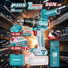 Total TIDLI209686E Lı-Ion Akülü Kömürsüz Darbeli Matkap 96NM Yüksek Tork Gücü Çelik Mandren Güçlü Motor