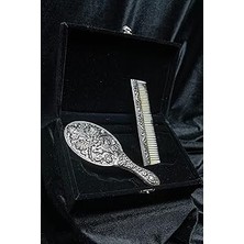 Kazan Hobi Turan DESIGN.925 Ayar Gümüş Ayna ve Tarak Seti, Hediyelik El Yapımı Çiçek Desenli Orijinal Gümüş El Aynası ve Gümüş Tarak Seti
