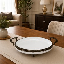 Vien Home Dekoratif Vintage Kulplu Porselen Sunum Tepsisi 27 cm – Beyaz Yuvarlak Servis ve Çikolatalık