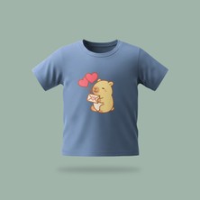 Çocuk Capybara Send Love Desenli Baskılı Tişört %100 Pamuk Süprem Kumaş - Mavi