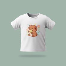 Çocuk Capybara With Star Desenli Baskılı Tişört %100 Pamuk Süprem Kumaş - Beyaz