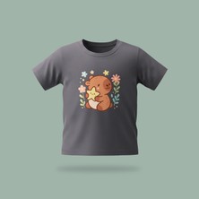Çocuk Capybara With Star Desenli Baskılı Tişört %100 Pamuk Süprem Kumaş - Antrasit