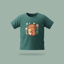 Çocuk Capybara With Star Desenli Baskılı Tişört %100 Pamuk Süprem Kumaş - Yeşil