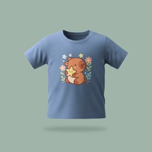 Çocuk Capybara With Star Desenli Baskılı Tişört %100 Pamuk Süprem Kumaş - Mavi