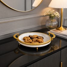 Vien Home Lüks Gold Kulplu Ayaklı Dekoratif Yuvarlak Sunum Tepsisi 27 cm – Beyaz & Altın