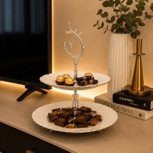 Vien Home 2 Katlı Porselen Kurabiyelik & Sunumluk – Gümüş Metal Kulplu Dekoratif Servis Standı (27 Cm)