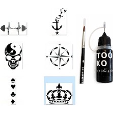 Kazan Hobi Pusula Çapa Likit Kalem Uçlu Siyah Geçici Dövme Seti Fırça ve Şablon Hediyeli