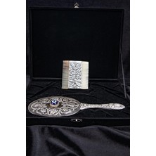 Kazan Hobi Turan DESIGN.925 Ayar Gümüş Ayna ve Tarak Seti, Hediyelik El Yapımı Nazar Boncuklu Çiçek Desenli Orijinal Gümüş El Aynası ve Gümüş Kemik Tarak Seti