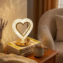 Gees Global Gece Lambası Kalp Şeklinde Kristal LED Masa Lambası Dokunmatik 3 Renk Işık Modlu Şarj Edilebil