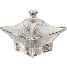 Kazan Hobi Alisveristime Büyük Kare Kapaklı Zamak Şekerlik ve Lokumluk, Osmanlı Motifli Dekoratif Sunum Kabı, Kahve Yanı Şeker, Lokum ve Çikolata Için (Gümüş Grisi)