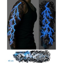 Kazan Hobi Neon Mavi Şimşekli Zeus ve Aslan Yarı Kalıcı 45 cm Geçici Dövme Forfor Işıklı Elektrik Tam Kol Tattoo Dövmesi