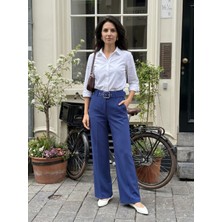 Rampell Kemerli Bol Paça Yüksek Bel Cepli Saks Pantolon - CNSV1040
