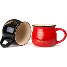 Kazan Hobi Mukko Home 2'li Emaye Görünümlü Renkli Porselen Kupa Seti Good Morning Gold Yazılı 250 Ml,siyah & Kırmızı
