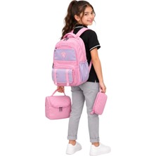 LaddyCo Ilk Okul Çantası 3'lü Set Pembe-Lila Kız Çocuk Ilkokul Çantası 8020