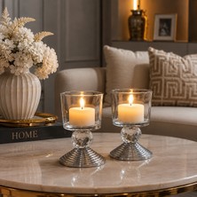 Vien Home 2'li Kristal Detaylı Cam Mumluk – Gümüş Metal Ayaklı Dekoratif Şamdan & Tealight Mumluk
