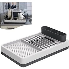Kazan Hobi Mallart® Bulaşıklık Tezgah Üstü Tabaklık & Bardaklık – Kaşıklık Bölmeli Mutfak Kurutmalık, Büyük Boy Bulaşık Kurutma Rafı, Damlalıklı Organizer (42X26X12 Cm)