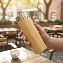 Kazan Hobi Deconox 450 ml Bambu Kaplamalı Çelik Termos - Klasik Bardak Kapaklı Sıcak ve Soğuk Tutucu Seyahat Termosu