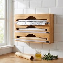 Kazan Hobi Deconox 3 Bölmeli Doğal Bambu Folyoluk ve Streç Film Kesici Organizer - Sürgülü Bıçaklı Çekmece Içi Düzenleyici Pişirme Kağıdı ve Alüminyum Folyo Standı Mutfak Organizeri (35,5 x 22 x 7 Cm)