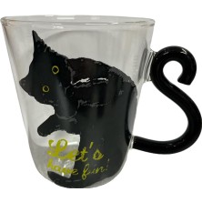 Kazan Hobi Kedi Desenli Cam Kupa, Siyah Kedi Tasarımlı, Kedi Kuyruklu Kulp, 250 Ml, 9 cm Yükseklik