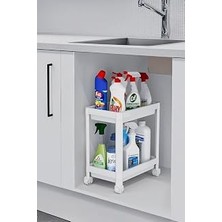 Kazan Hobi Sas Haus Flex Elite Pro 2 Katlı Beyaz Tekerlekli Çok Amaçlı Banyo & Mutfak Düzenleyici Raf - Evye Altı Raf Beyaz 40 x 35