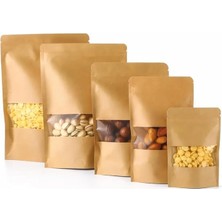 Kazan Hobi Pencereli Kraft Doypack Dik Duran Poşetler – 50’li Paket, Şeffaf Pencereli, Kilitli (Ziplock) ve Kolay Açma Çentikli, Çok Amaçlı Gıda Saklama Poşetleri (11 cm – 18 Cm)