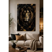 Mythog Aslan Desenli Baskılı Cam Tablo – Siyah Gold Uv Baskı Dekoratif Duvar Tablosu