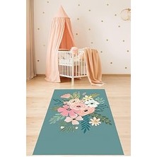 Kazan Hobi Pelangi Floral Çiçekli Minimal Bohem Tarz Yıkanabilir Kaymaz Taban Leke Tutmaz Çocuk Odası Halısık, Petrol Yeşili-Renkli 80 x 50