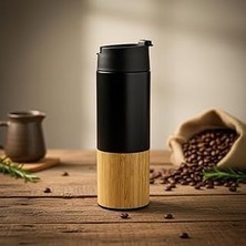 Kazan Hobi Deconox 450 ml Bambu Kaplamalı Çelik Termos - Sıcak ve Soğuk Tutucu Sızdırmaz Mat Siyah Kahve Termosu