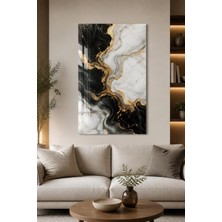 Mythog Siyah Beyaz Mermer Desenli Baskılı Cam Tablo – Gold Detaylı Modern Duvar Dekoru