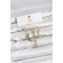DMR Elegance Pirinç Gold Renk Zirkon Taşlı Ay ve Yıldız Model Ysx Trio Küpe Seti