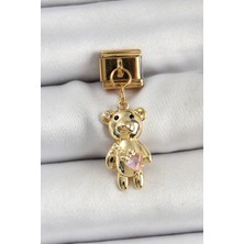 DMR Elegance 316L Çelik Sallantılı Zirkon Taşlı Ayıcık Model Gold Renk Nomination Charm