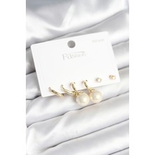 DMR Elegance Gold Renk Pirinç 925 Ayar Gümüş Çivili Kadın Küpe Seti