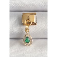 DMR Elegance 316L Çelik Gold Renk Sallantı Damla Yeşil Zirkon Taşlı Nomination Charm