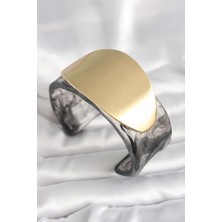 DMR Elegance Siyah Mermer Desen Akrilik Plastik Gold Oval Plaka Model Vintage Kadın Bilezik