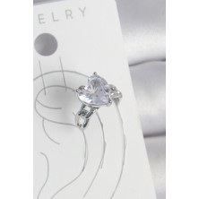 DMR Elegance Pirinç Gümüş Renk Zirkon Taşlı Kalp Model Kadın Kıkırdak Küpe