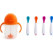 Munchkin Tıklama Kilitli Uçlu Pipetli Alıştırma Bardağı, 6AY+, 207ML, Turuncu ve Isı Göstergeli Yumuşak Uçlu Bebek Kaşıkları 2li Set