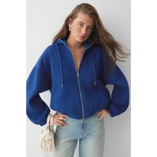 Ethiquet Valıt Kadın Çift Cepli Eteği ve Kol Ucu Lastikli Fermuarlı Oversize Saks Mavi Sweatshirt