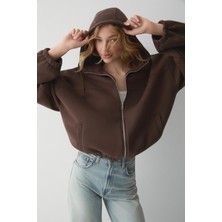 Ethiquet Valıt Kadın Çift Cepli Eteği ve Kol Ucu Lastikli Fermuarlı Oversize Kahverengi Sweatshirt