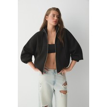 Ethiquet Valıt Kadın Çift Cepli Eteği ve Kol Ucu Lastikli Fermuarlı Oversize Siyah Sweatshirt