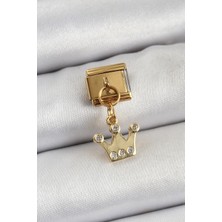 DMR Elegance 316L Çelik Sallantılı Zirkon Taşlı Kraliçe Tacı Model Gold Renk Nomination Charm