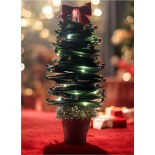 Kazan Hobi Işıklı El Yapımı Noel Ağacı, Yeşil Keçe, Renkli Boncuklu, Kırmızı Fiyonklu, Mini Boy, Masaüstü Dekoratif, 45 cm