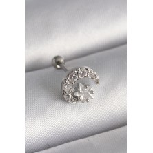 DMR Elegance 316L Çelik Gümüş Renk Zirkon Taşlı Ay Yıldız Tragus Piercing