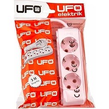 Kazan Hobi Ufo 3lü 3 Metre Kablolu Topraklı Grup Priz, 16A 250V, Üçlü Uzatma Kablosu Pembe Renk